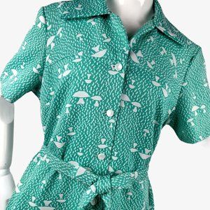 Vintage 1960s Groovy Green Mushroom Dress Poly M